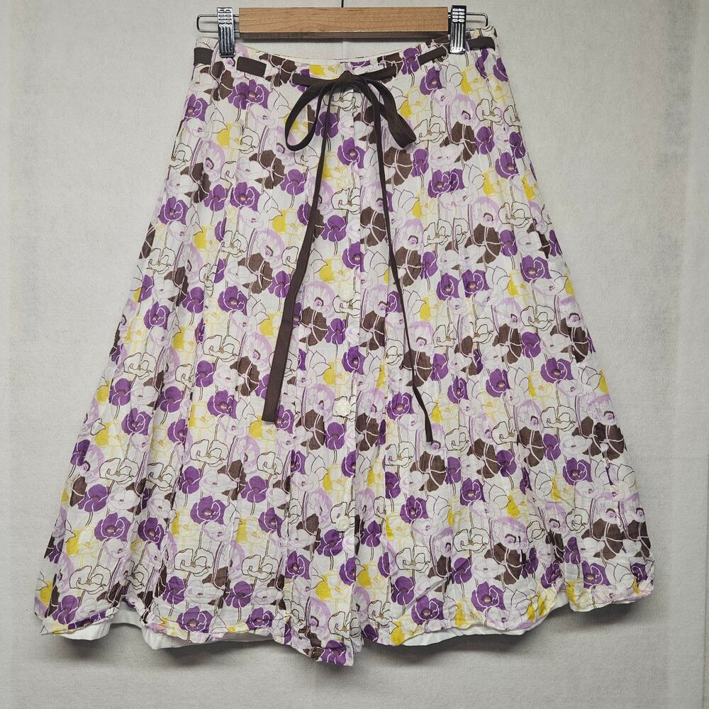 Milly New York Floral Cotton A-Line Midi Skirt Purple Yellow White Size 4